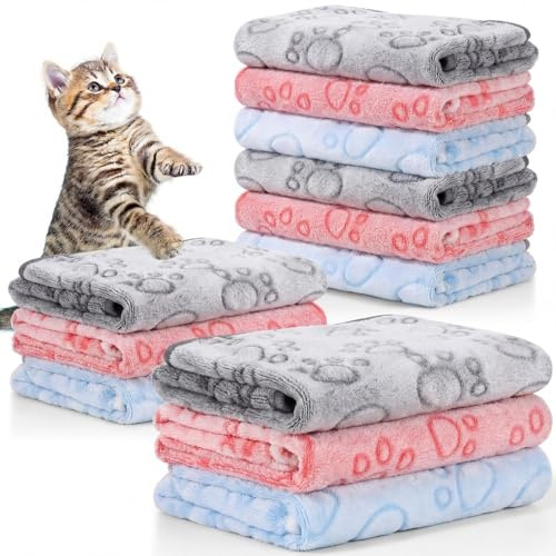 Tegeme 12 Pcs Pet Blankets Soft Fluffy Fleece Dog Cat Warm Paw Print Pattern Blankets Flannel Throw for Pets Dog Puppy Cat(23 x 16 Inch,Multicolor)