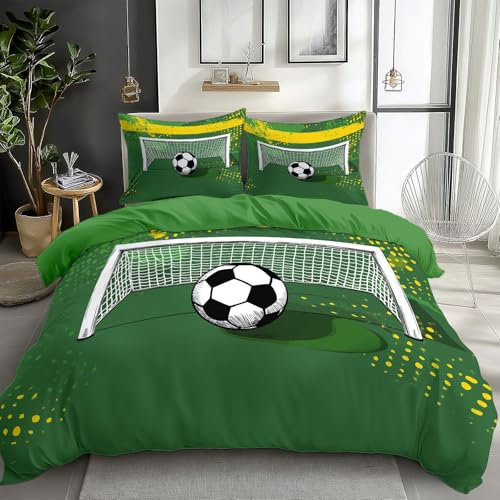 Generico verde Set Copripiumino per Bambini 135x200 cm Tema calcio giallo 3 pezzi Set di Biancheria da Letto con stampa 3D per Camerette per Ragazzi e Ragazze, Copripiumino Singolo