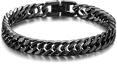 AFSTALR Bracelet Homme Noir Gourmette Acier Inoxydable Chunky Chaîne Cubaine 8mm Bracelets Personnalisable Bijoux Cadeau 20cm