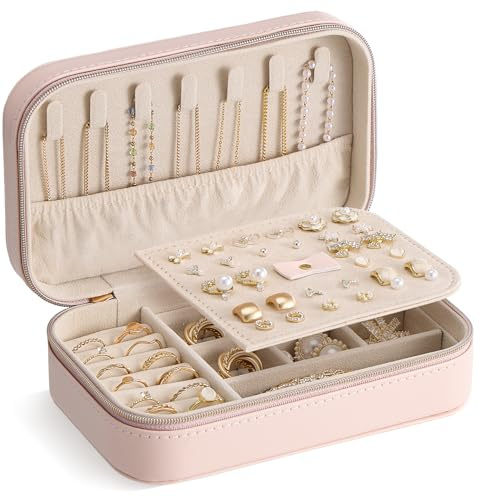 Lolalet Travel Jewelry Case for Women Girls, PU Leather Jewelry Organizer with Clear Storage Bag Small Portable Jewelry Box for Necklace Bracelet Earring Ring Mothers Day Birthday Gifts -Medium/Pink