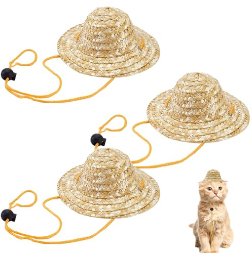 AHANDMAKER Lot de 3 mini chapeaux en paille naturelle réglable pour petit chien, animal domestique, costume funky pour fête en plein air, festival, décoration 13,4 x 5,7 cm