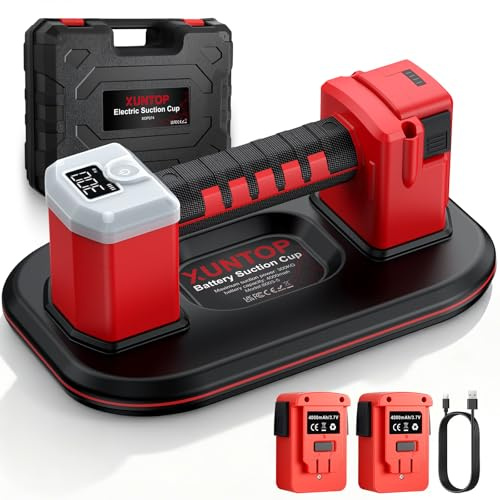XUNTOP 10 Ventosa a Batteria Professionale 300KG a Doppio Motore 9000 Giri/min con Display LCD, Sollevatore Elettrico Aspirazione Automatica per Piastrelle e Vetro, con Extra Batteria di Ricambio