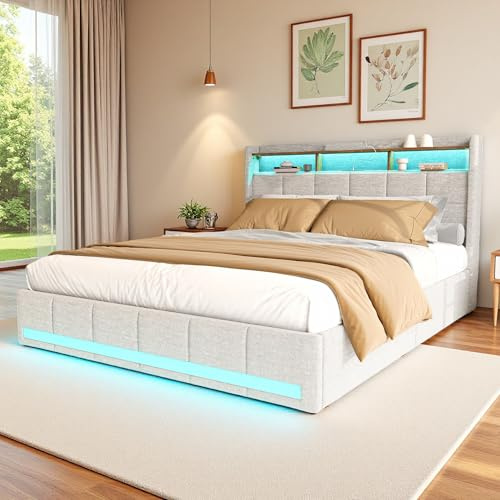 Zorvani Cama tapizada de 180 x 200 cm con LED, cama doble con 4 cajones y función de carga USB, estructura de cama con somier, espacio de almacenamiento, cama funcional respaldo, lino, sin colchón