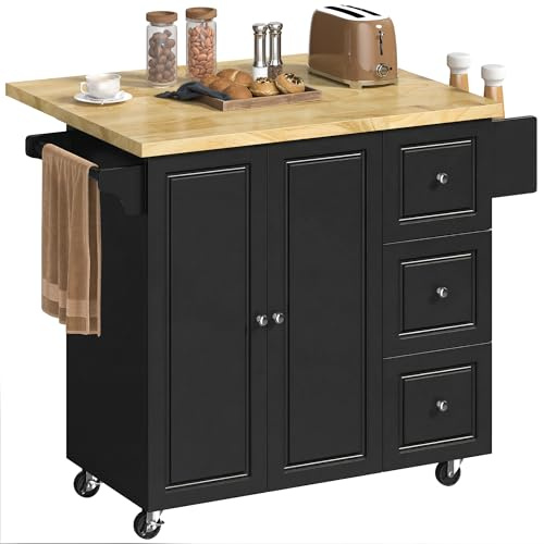 HOMCOM Kitchen Island on Wheels, Wooden Rolling Kitchen Storage Trolley with Drop Leaf, Rubber Wood Top, Drawers, Adjustable Shelf, Towel and Spice Rack for Dining Room, Black
