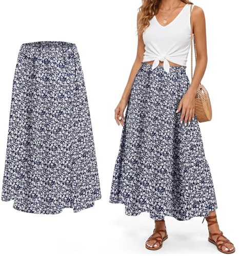 Aomig Falda Larga Mujer, Faldas Mujer de Estampado Floral Vintage, A-Línea Faldas Elástica, Faldas Mujer Verano Elegante, A-L