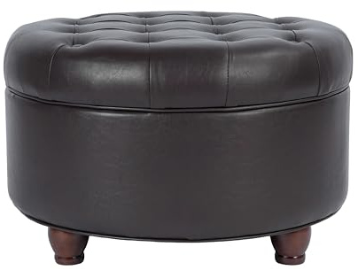 Homepop Home Decor | Button Tufted Faux Leather Round Storage Ottoman | Ottoman with Storage for Living Room & Bedroom (Distressed Brown)