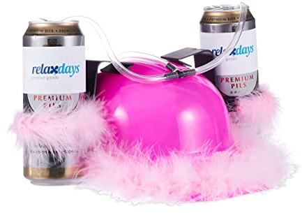 Relaxdays Bierhelm Pink, Helm mit Schlauch, für 2 Dosen Bier, Junggesellenabschied Frau, Party Trinkhelm, rosa Federn