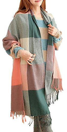 Miss Lulu Echarpes Femme Hiver Chaud en Carreaux Doux Foulard Châle écharpe épais Pull Châle Mode écharpe Longue Grand Unisexe Tartan Poncho Vintage Multicolore (Vert)