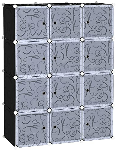 HOMCOM Armario Modular Plástico Estantería 12 Cubos con Puertas para Almacenamiento de Ropa Armario Ropero Organizador para Almacenamiento Juguetes y Libros Montaje en Bricolaje