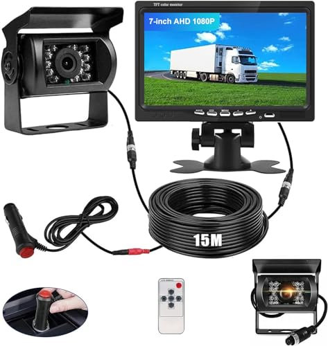 BEYI 1080P Car Reversing Camera Kit - 7 LCD HD Screen IP68 Waterproof Wired Reverse Camera, 12V-24V parking Sensor kit Night Vision Backup Camera with 15M Cable for Vans RV Bus Truck Trailer Campers