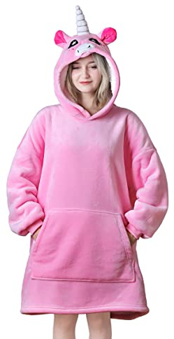 Queenshin Licorne Rose Sweat à Capuche Plaid Femme Homme Couverture en Forme D'animaux Polaire Sherpa, Pull Hiver Plaid Poncho avec Poche et Manche Chaud, Cadeau Fluffy Douce Confortable