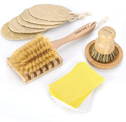 (NO plastica) Spazzole e spugne per lavare i piatti, 2 spazzole in legno + 10 spugne naturali + 5 luffe + 2 porta spazzole per legno, spazzole per la pulizia della cucina senza plastica (kit zero