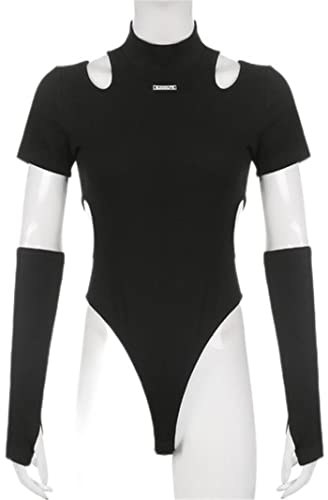 MENGQING Dunkles Punk-Damen-Bodysuits Gothic, Y2k, schwarz, Ausschnitt, sexy Sommer-Tops mit Handschuhen, Grunge-Mode, Streetwear-Schwarz, S