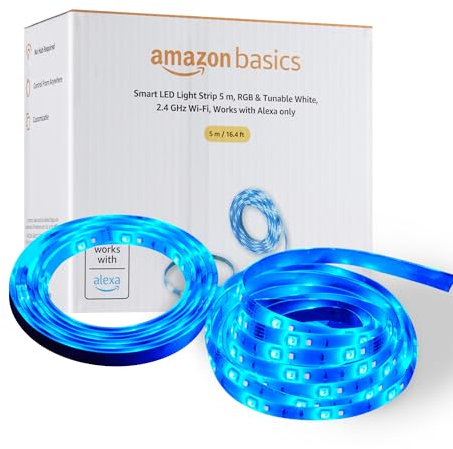 Amazon Basics Smart LED Light Strip 5m, RGB & Tunable White, Works with Alexa Only, Multicolor