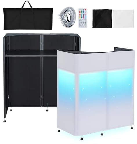 Kokorona Portable DJ Booth 20x42.5x45.3 with Dual Top Corners, DJ Facade Booth with Cable Hole, DJ Table Stand with Light Strip and Remote Control, Metal Frame + Black & White Scrims + Carry Bag