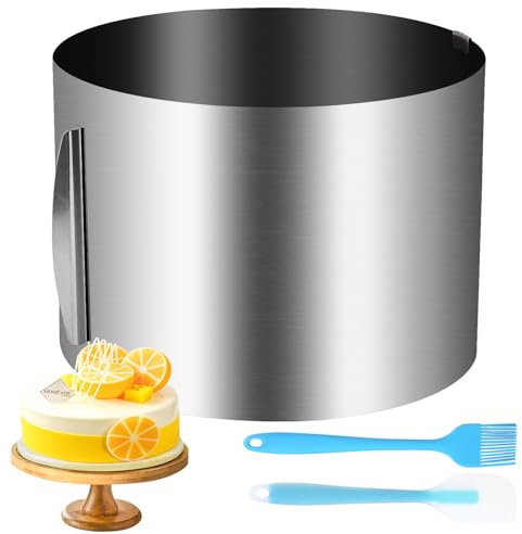 Exyvox Anello per Torte Regolabile con Scala, Stampo Rotondo in Acciaio Inox, Altezza 20 cm, Diametro 16-30 cm, con spatola e Pennello per Torta Adatto per la Cottura di Torte