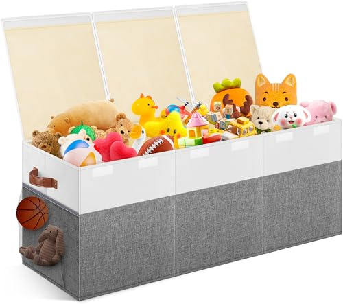 Extra Large Toy Storage Box with Lid, Collapsible Sturdy Toys Chest Storage Organizer Bin Basket with Divider for Kids, Boys, Girls, Closet, Playroom, Bedroom, Nursery, 40X14X16, Gray & White