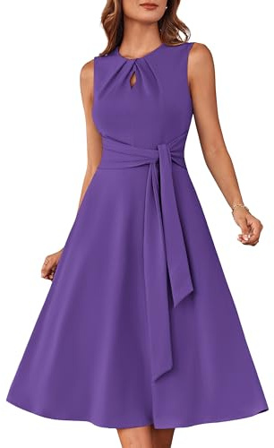 GRACE KARIN Women 2025 Summer Work Dress Sleeveless Tie Waist Elegant Party Cocktail A Line Flowy Midi Dresses with Pockets Purple XXL