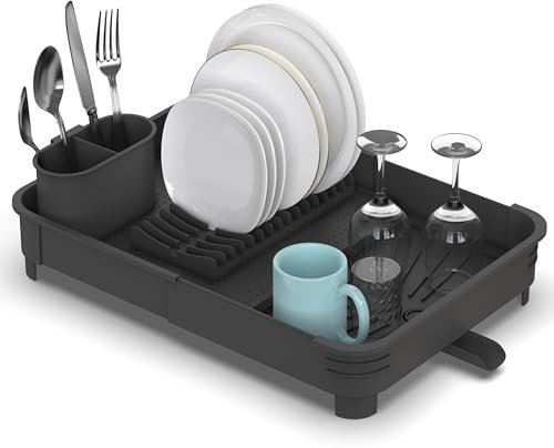 Extendable Dish Drainer Rack Foldable Dish Draining Rack with Removable Cutlery Holder Adjustable Dish Draining Board Rack with Swivel Drainage Spout Space-Saving Kitchen Drying Rack Anthracite