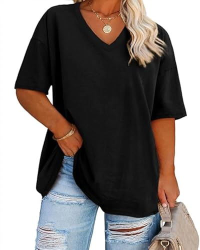 Fisoew T-shirt grande taille pour femme avec col en V et manches courtes - T-shirt d'été surdimensionné basique ample - Grandes tailles - En coton