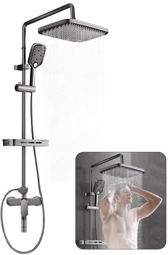 Duschsystem 3-i-1 komplett set duscharmatur med stor regndusch (32 cm bredd), handdusch med 3 stråltyper, 360 graders vridbar kran, justerbar höjd 105–145 cm duschset för badrum