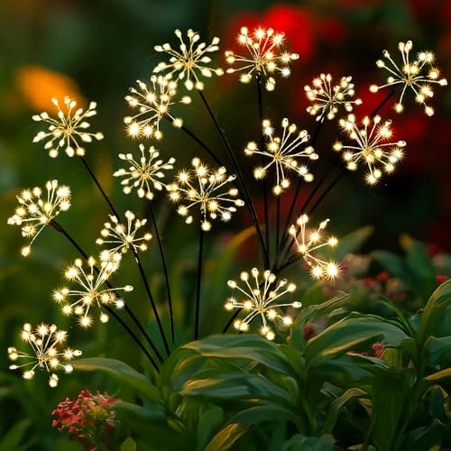 Joycome Illuminazione da giardino solare per esterni, 2 pezzi, luci a LED, a forma di fiore, 8 modalità, spina solare, da giardino, resistente alle intemperie, fuochi d'artificio per giardino, balcone