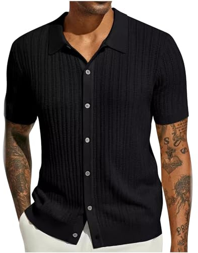 Herren Hemd Kurzarm Kurzarmhemd Strick Retro Rever Hemd Tshirts Button Down Slim Fit Hemden Bequeme Leicht Strickhemd Lässig Shirt mit Knopfleiste Einfarbige Sommer Hemden