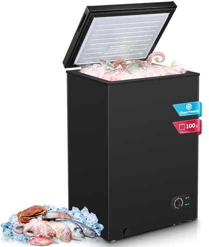 FOHERE Freestanding Chest Freezers 98L with Removable Storage Basket and Hovering Door, Thermostat Control, Suitable for Outbuildings, Garages and Sheds, 4* Freezer Rating, Black