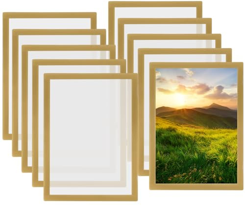 10pcs A4 Magnetic Picture Frames, Self Adhesive Collage Photo Frame, Magnetic A4 Paper Display Frame Set for Paintings Photos Notices Certificate Poster (Gold)