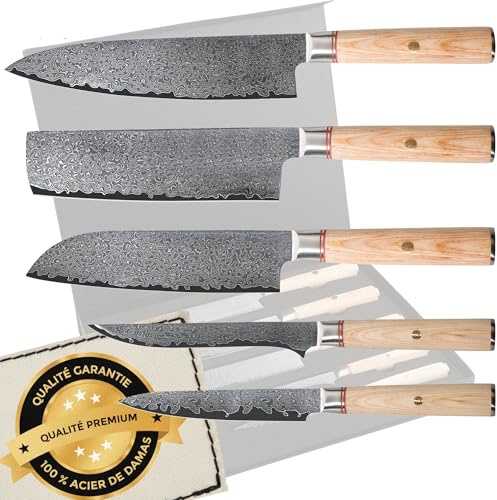 Cassary Set coltelli da cucina professionali giapponesi in acciaio damasco. Coltello damasco giapponese per chefs e amanti della cucina. Set de coltelli giapponesi professionali (5 set)