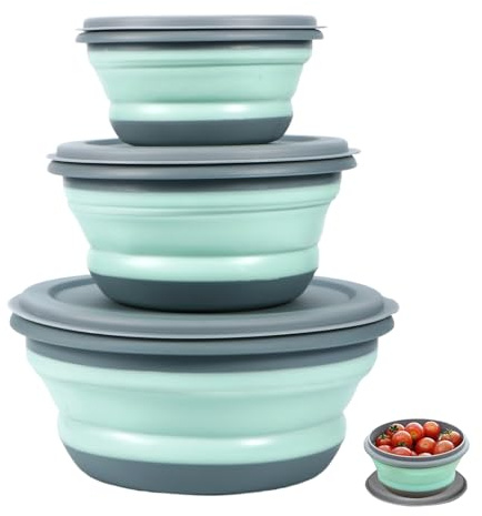 Xmokeds Cuenco plegable: 3 piezas cuenco plegable camping vajilla con tapa, cuenco plegable de silicona portátil accesorios de camping gadgets, cuenco plegable para senderismo, picnic, cocina, escuela