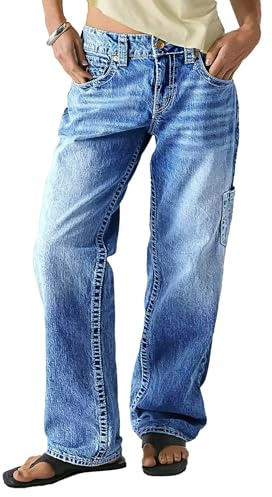 Flamingals Mid Rise Straight Leg Jeans for Women Multi Pocket Stretchy Baggy Boyfriend Jeans Trendy Mid Blue L