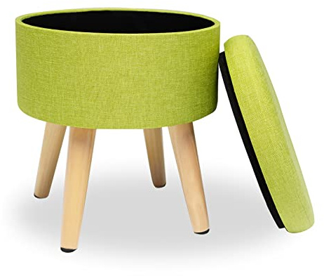 Moderno puf redondo de lino con charola con patas de madera, multifuncional, tapizado para sala de estar, baño, maquillaje, color verde