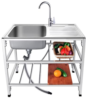 DSEWTEZXI Évier Cuisine 1 Bac avec Établi, Évier Cuisine Acier Inoxydable sur Pied, Utilitaire Plonge INOX avec Chaud/Froid Robinet, Portable Et sur Pied, Facile À Nettoyer.