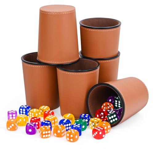 Biamaleu Dice Cup, Jeux de dés avec Gobelet a des en Cuir, Lot de 6 Gobelet en Cuir avec 36 Dés, pour Les Réunions de Famille, Les Jeux de Fête, Jeux De Voyage (Brun)