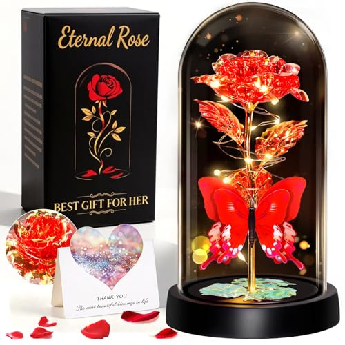 HAOCEE Rosa Eterna Cristal con Led＆Mariposa, Regalo Mujer(Rojo Dorado)