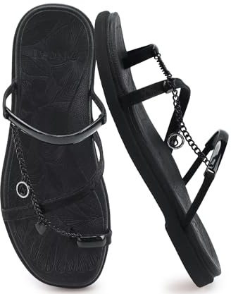 ONCAI Flat Sandals for Women with Toe-loop Square Open Toe Strappy Slide Sandal 2026 Summer Fashion Dressy Slip on Black Size 8 Casual Beach Lightweight Outdoor Ladies Slides Shoes
