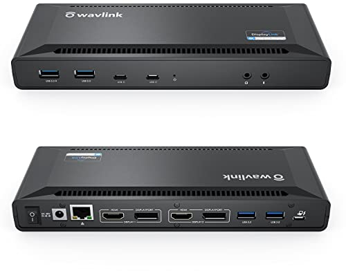 WAVLINK USB 3.0 / USB C Dual 4K Display Docking Station with DisplayPort and HDMI for Windows or macOS Support 65W Power Charge to Host Computer