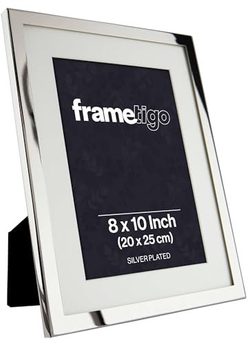 Frametigo - Silver Plated White Mount Photo Frame, 8x10 (20x25cm) Photo Size - Velvet Frame Backing & Stand - Real Glass Window - Tarnish Resistant - Landscape or Portrait Orientation