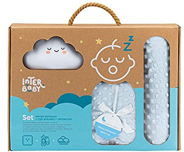 Interbaby Set Regalo bebé Manta con Cojín Caramelo azul con Lamparita