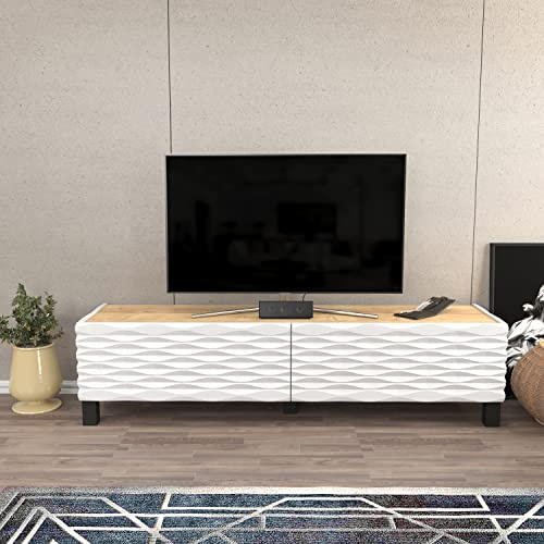 Lerze Meuble TV Moderne 150 cm de Large avec Structure spéciale sur Les Portes et Plateau Effet marbre (chêne Saphir/Blanc)