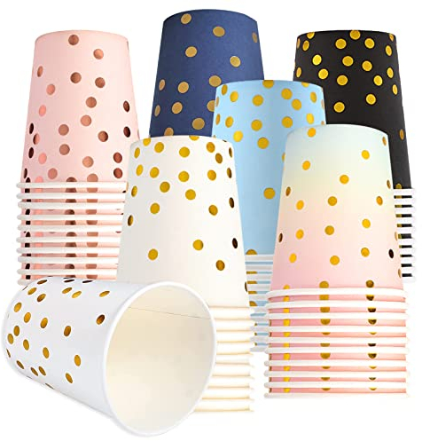 YZDZSW Pappbecher Gold Dot, 60 Stück Einwegbecher Punkte, Trinkbecher Kaffeebecher Papierbecher Bunt Partybecher für Partys Tee Heißen Kalten Getränken 250ml