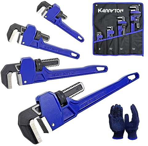 KARRYTON Pipe Wrench set,8 10 14 18 Adjustable Jaw Opening Cast Iron Straight Handle Plumbing Wrench, Perfect Plumbers Tool for Oil Field, Plumbing, Auto Repair, Construction and Mechanics