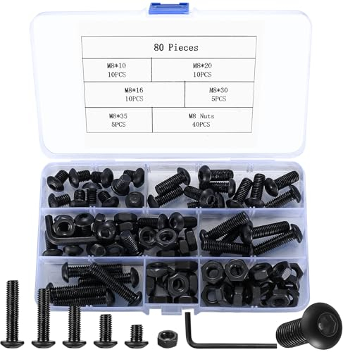 80 Piezas M8 Tornillos y Tuercas Set, Tornillos de Cabeza de Botón Hexagonal con Tuercas, Tornillos Roscados Cabeza Plana de Botón Hexagonales y Tuercas, Kit Tornillería de aleación de acero