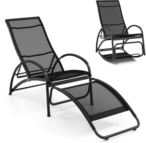 COSTWAY Garden Sun Lounger, 2-in-1 Convertible Outdoor Lounge Chair Relax Rocking Chair with 4-Level Adjustable Backrest, Aluminum Frame Patio Recliner Chair Seat for Deck, Yard and Poolside (Black)