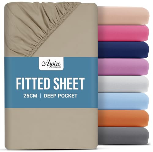 Aspire Homeware Super King Fitted Sheet - 25 cm Deep Hotel Quality (Beige) Bed Sheets - Soft & Breathable Superking Fitted Sheet - Anti-Wrinkle Easy Care Fitted Sheets