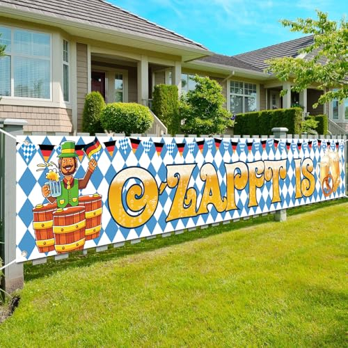 Oktoberfest Banner Deko, XXL O’ZAPFT IS Banner Bayerisches Dekoration, Oktoberfestdeko blau mit weiße Girlande, Oktoberfest Thema Party für Zubehör Indoor und Outdoor Dekoration, 270×40cm