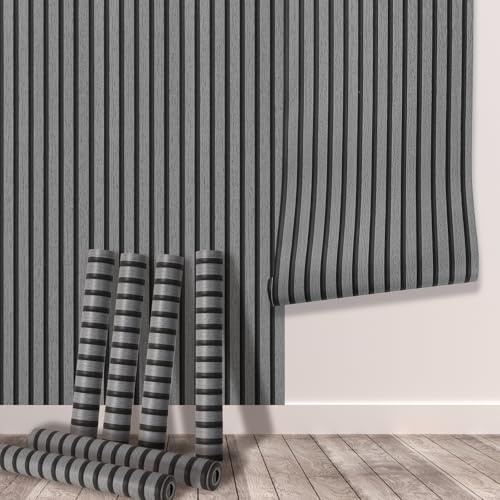 Tarwanear 6 Rolls Wood Effect Wallpaper Wood Slat Wallpaper 30.18m² Dark Grey Wooden Slat Effect Wall Paper Natural Wooden Slatted Roll for Living Room Bedroom Office Front Desk Feature Wall