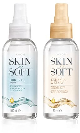 Avon Skin So Soft Original Dry Oil Spray + Enhance and Glow Airbrush Tanning Spray 150ml Duo, Sun Kissed Glow, Formulated with Jojoba Oil and Vitamin E, Quick Dry Formula, Cruelty Free