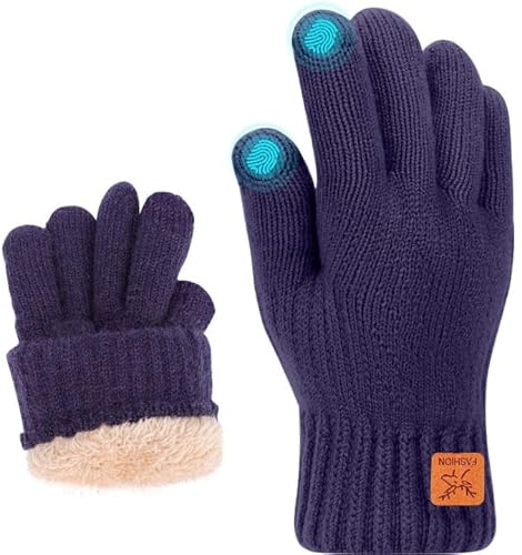 Fjquamitix Kids Winter Gloves Soft Warm Knit Glove Thermal Touch Screen Gloves with Fleece Lining for Children Ages 5-12 Outdoor Skiing Cycling Football Running (Navy, M)